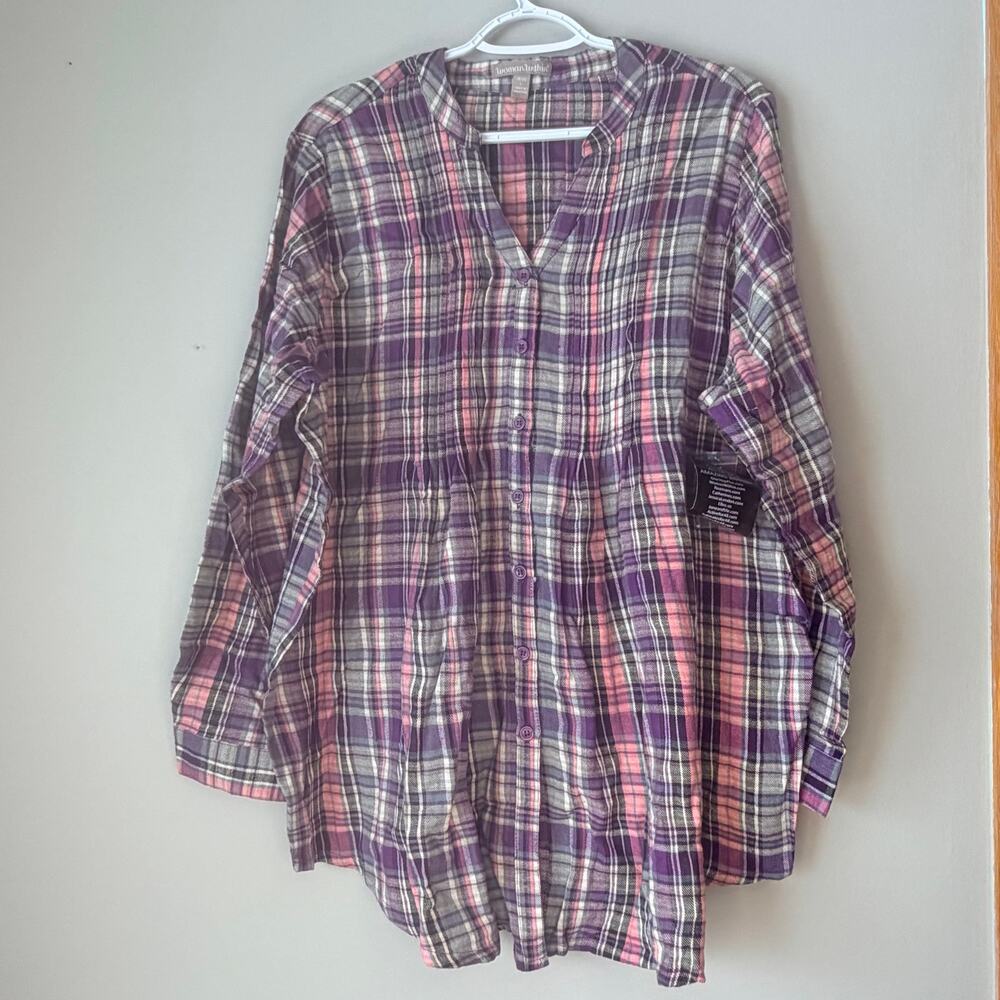 NWT Woman Within Plaid Shirt Purple Pink and Gray Size Large (18/20)